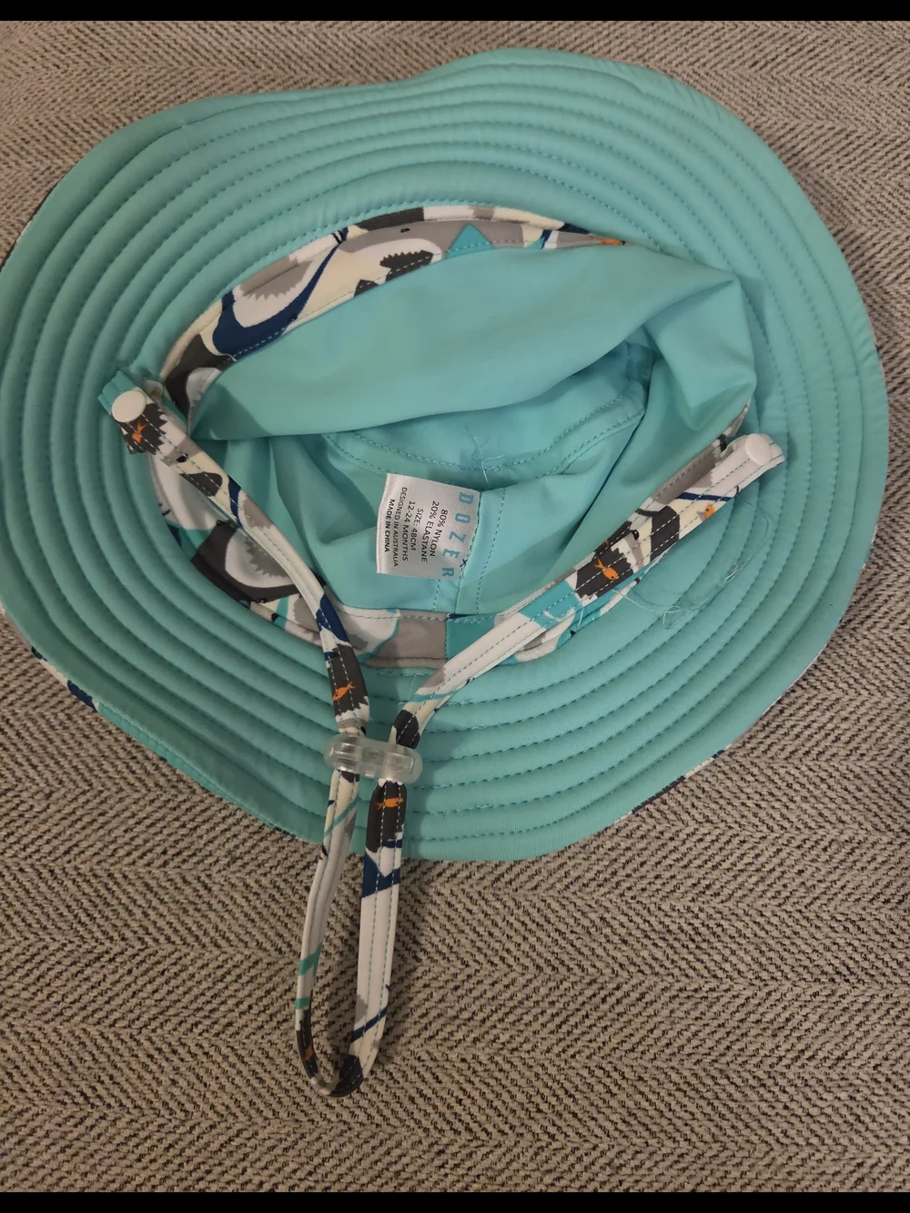 Kids Shark-Print Sun Hat - Teal, Navy & Gray. Size 12-24 Months